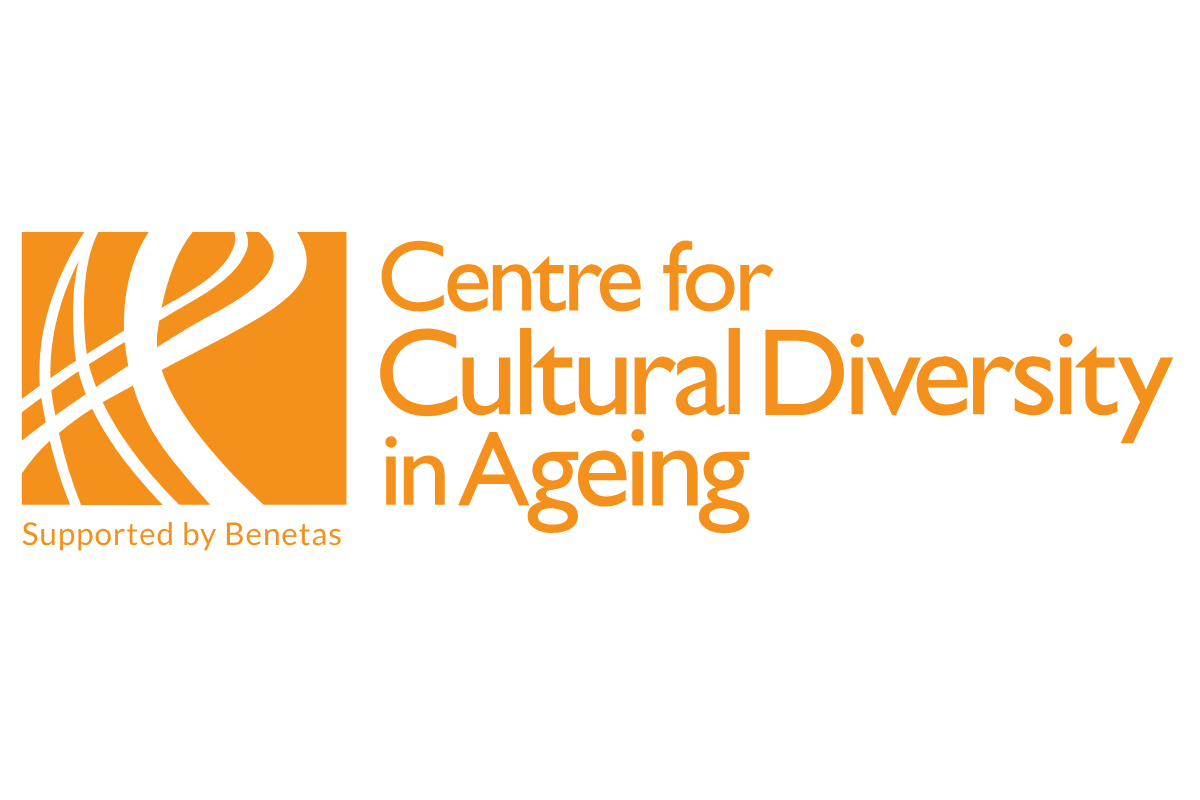 Logo of the Centre for Cultural Diversity in Ageing, supported by Benetas, featuring an orange design with abstract lines and text.